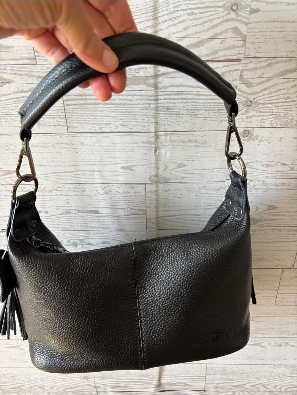Black Pebbled Leather Tassel Hobo Slouchy Shoulder Bag NWT